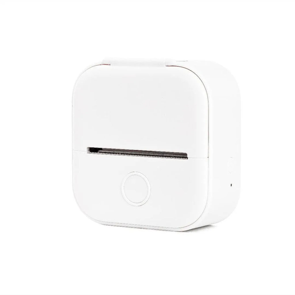 Phomemo T02 series portable mini thermal label printer in white and pink, with Bluetooth and USB charging