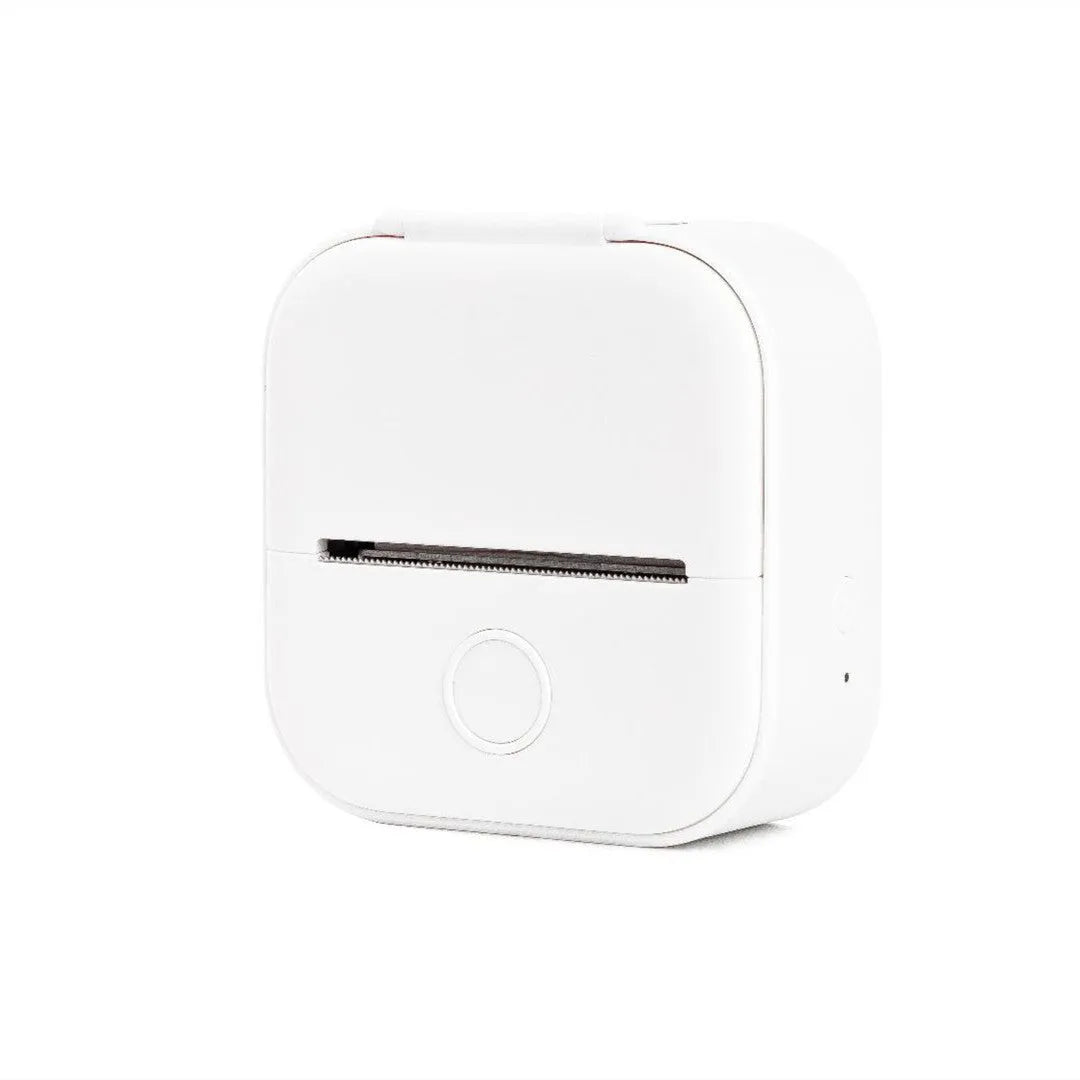 Phomemo T02 series portable mini thermal label printer in white and pink, with Bluetooth and USB charging