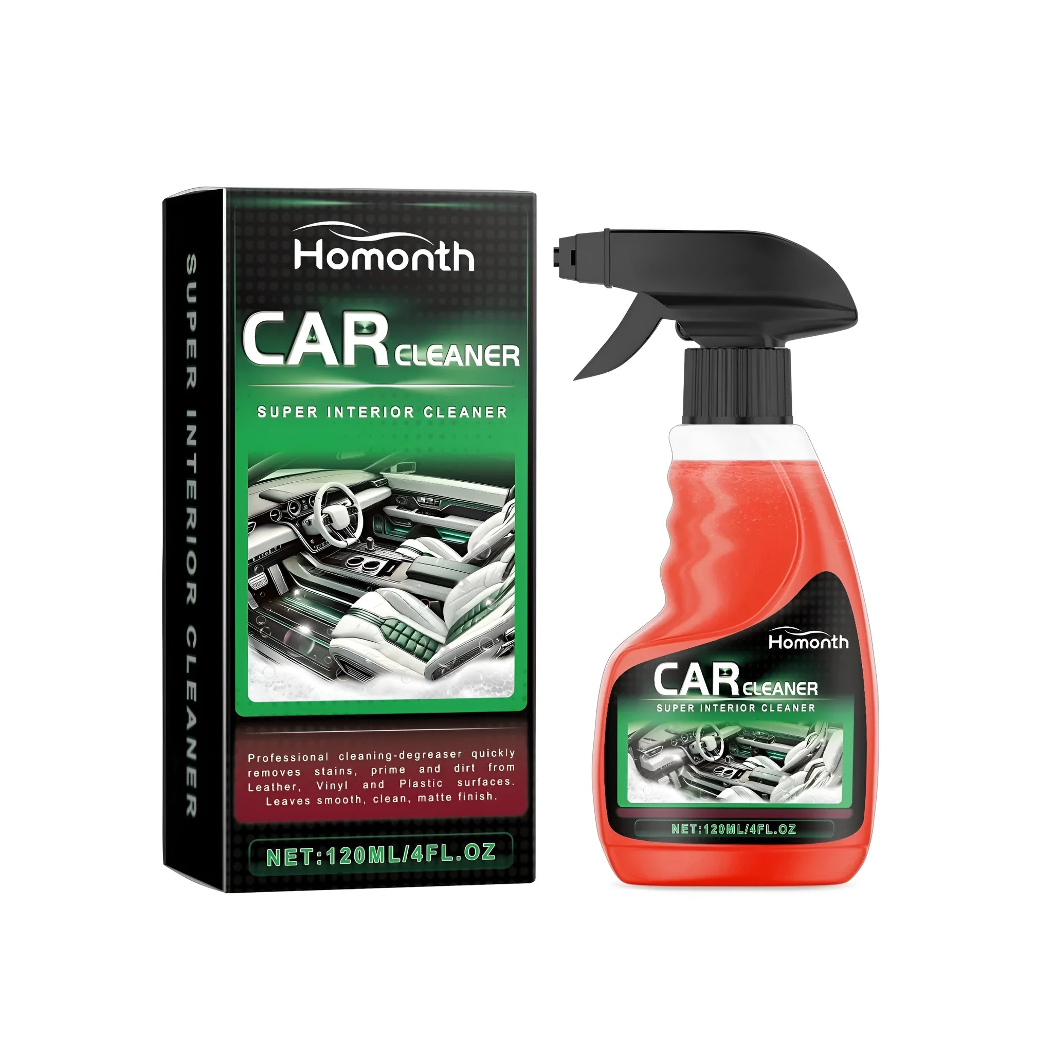 Super Interior Cleaner 120ml spray bottle with sodium bicarbonate formula, size 7.3x16.8cm, for car upholstery and household surfaces
