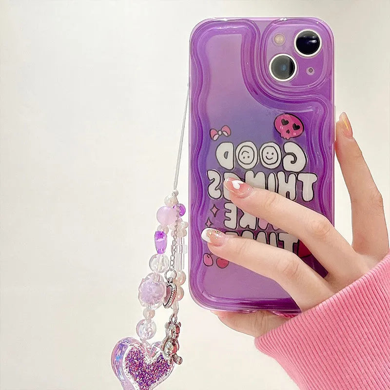 Purple English graffiti design iPhone case with love pendant charm and a lanyard attachment hole.