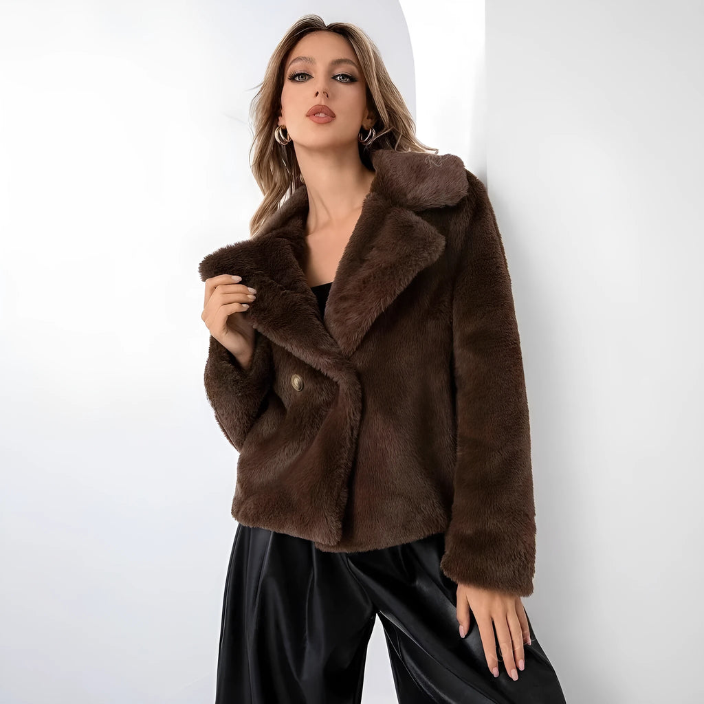 Women's short length loose fit faux fur coat in rose red colour with regular sleeves