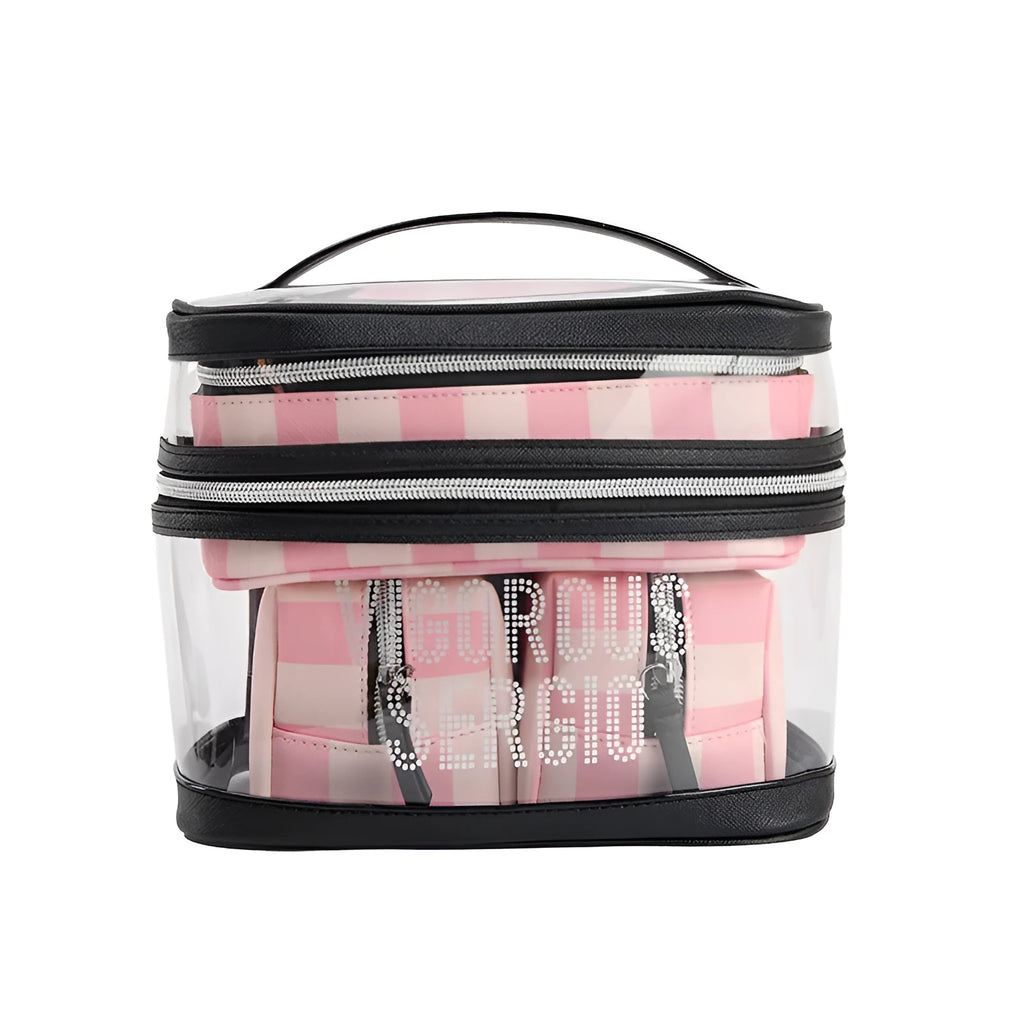 Pink bold stripe floral pattern waterproof synthetic leather folding makeup buggy bag with European American retro styling