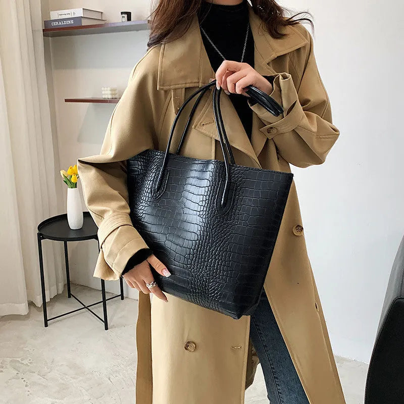 PU crocodile pattern shoulder messenger bag in brown with double connector strap, square vertical shape, and rhombus element