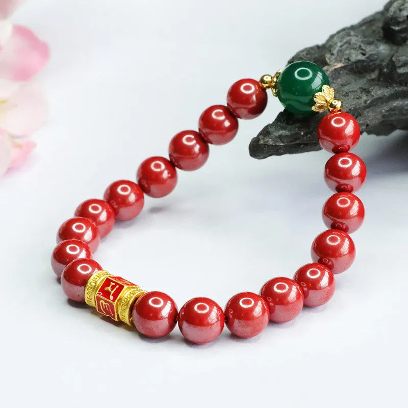 Emperor sandstone cinnabar bracelet with six-word motto engraving showing electroplated finish