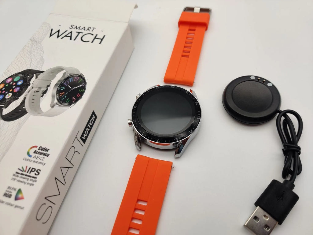 Round aluminium smart watch with Bluetooth calling on a wrist, showing a black watch face.