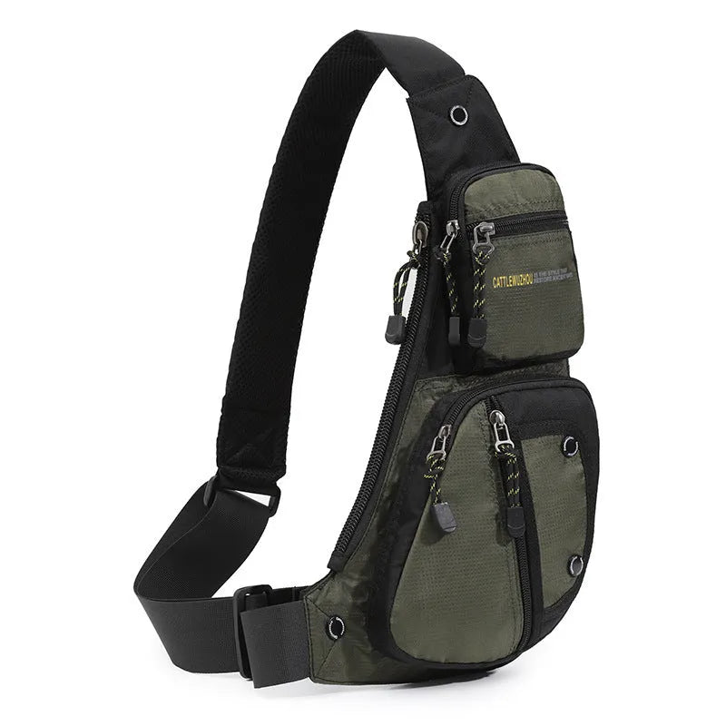 Men's nylon chest messenger shoulder bag in black, gray, army green, or blue with multi-functional shoulder strap
