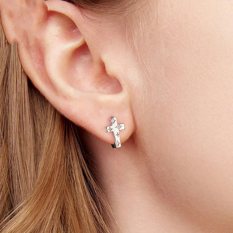 S925 sterling silver star cross ear clip for women, clip-on non-piercing design, European American style