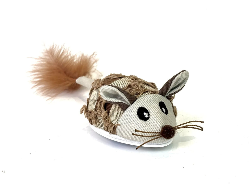 Electronic moving mouse cat toy with feather tail in blue or yellow colours, showing 18cm dimensions