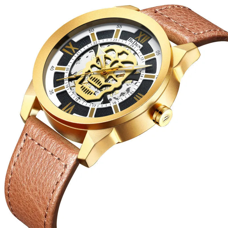 Men's hollow dial quartz watch with calendar and brown leather strap