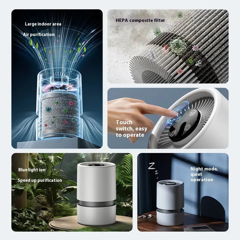White desktop air purifier with USB power cable for formaldehyde and odour removal