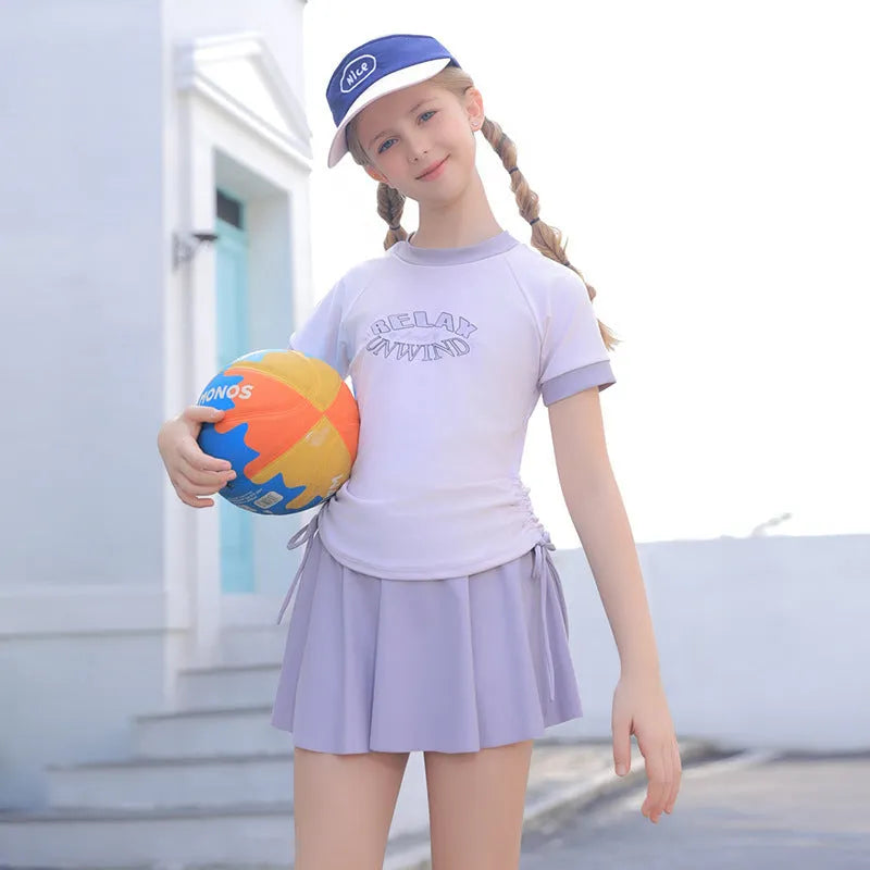 Conservative split high waist swimsuit for children with skirt in pink or purple polyester plus sizes 3XL to 7XL