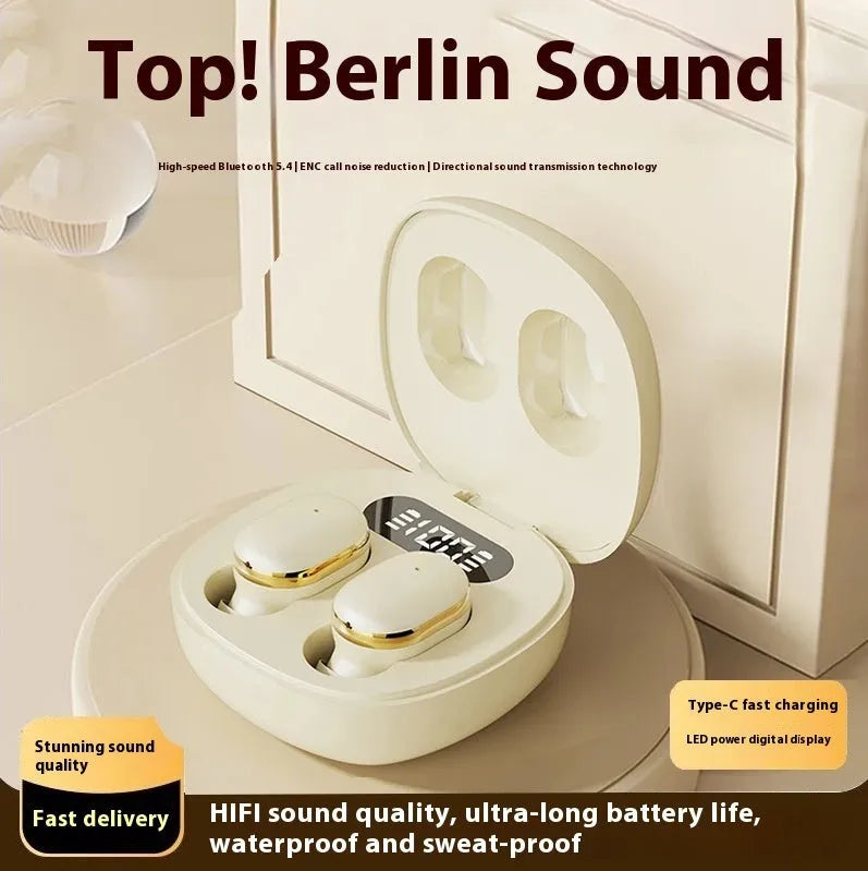 Wireless Bluetooth headset in black with digital display screen and in-ear earbuds on charging case