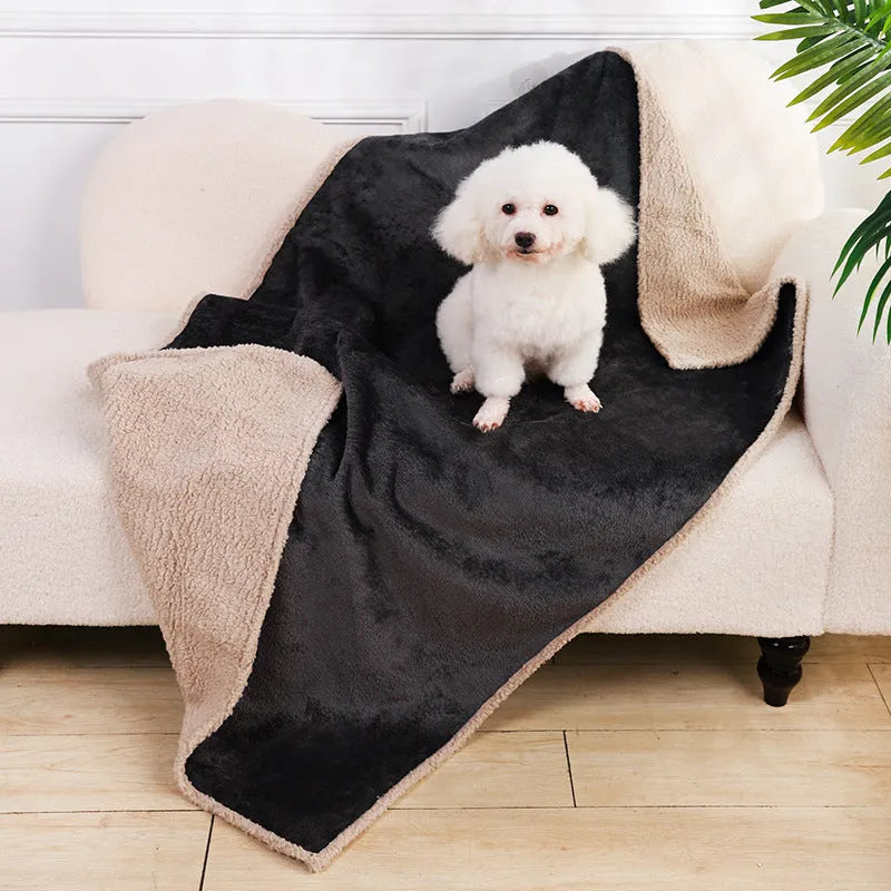 Flannel fleece composite thickened waterproof pet pad for dogs in blue gray on a floor