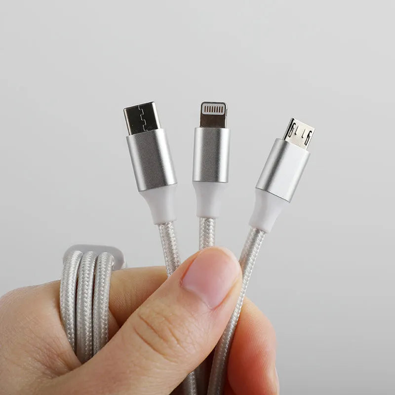 Type-C three-in-one data cable 2 metres nylon braided wire white colour with three charging heads