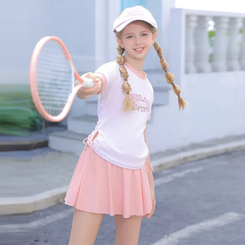 Conservative split high waist swimsuit for children with skirt in pink or purple polyester plus sizes 3XL to 7XL