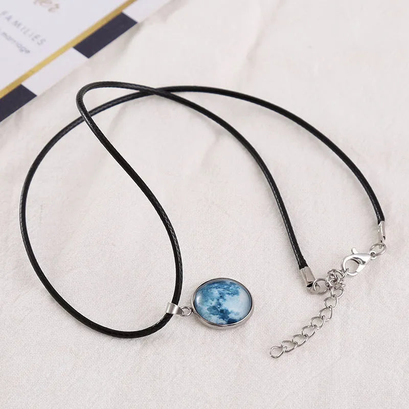 Luminous night sky constellation alloy pendant necklace with glass pendant on extension chain