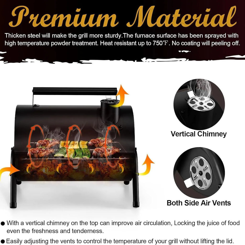 Small black folding desktop charcoal barbecue grill with temperature control knob