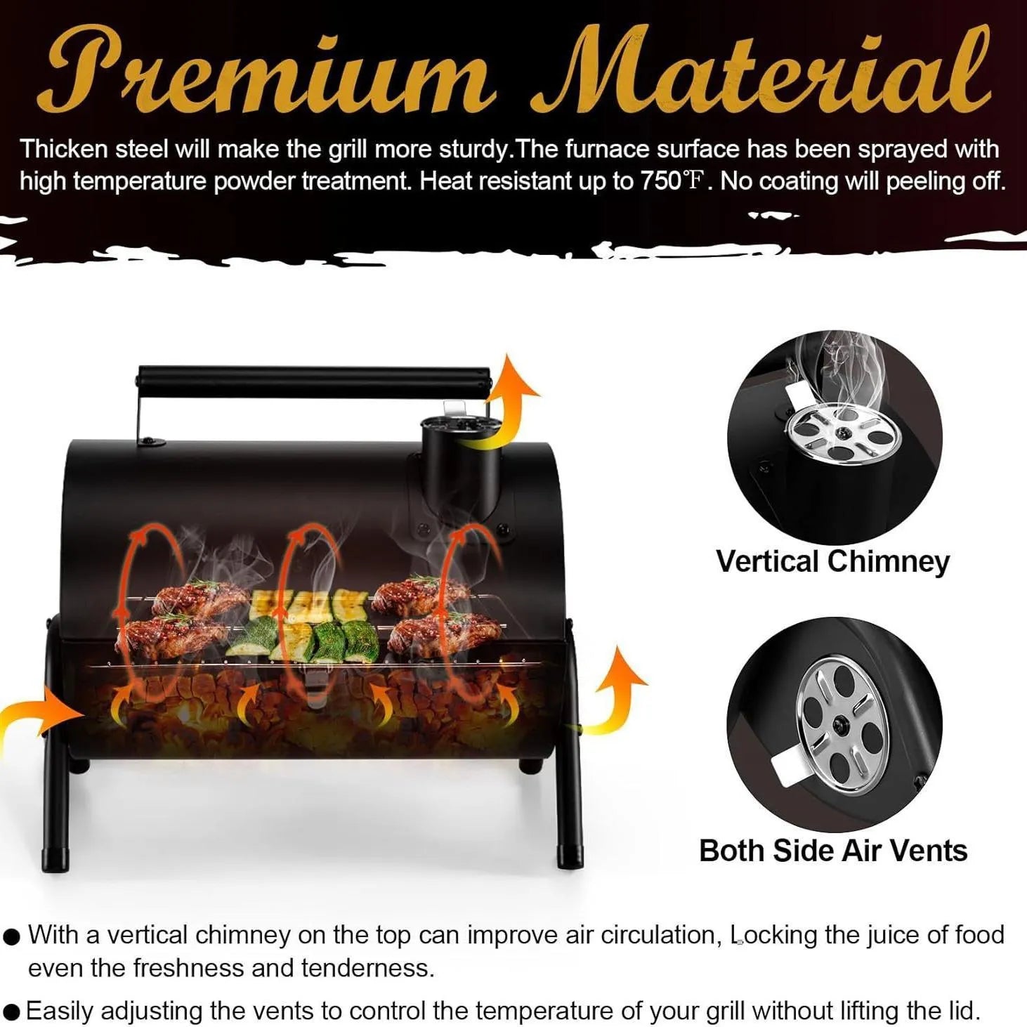 Small black folding desktop charcoal barbecue grill with temperature control knob