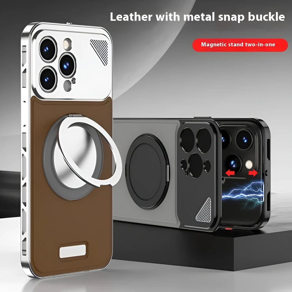 Two-in-one aluminium alloy phone case with leather spring fastener and rotating bracket in black and blue colour