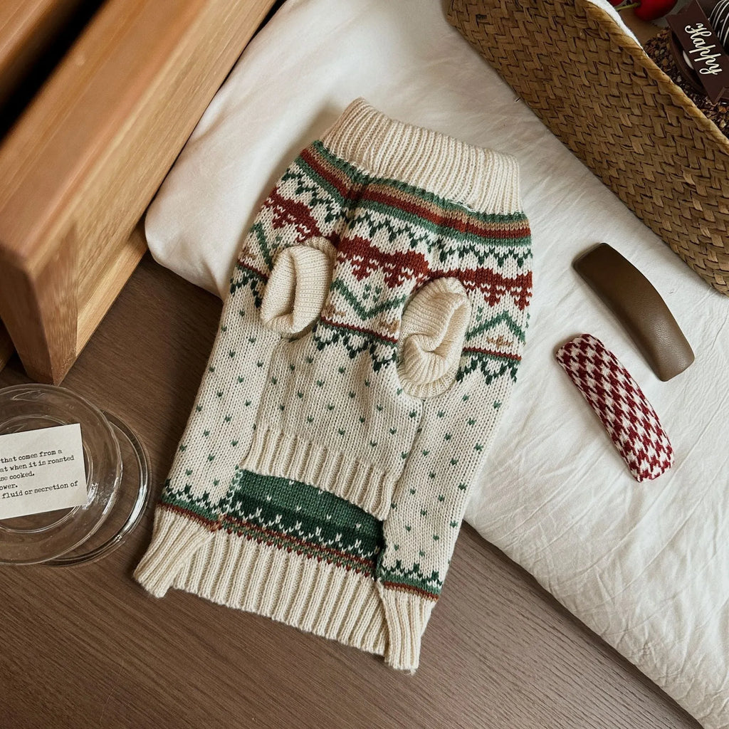 Fairisland beige dog sweater with green dots in five sizes for small to medium pets