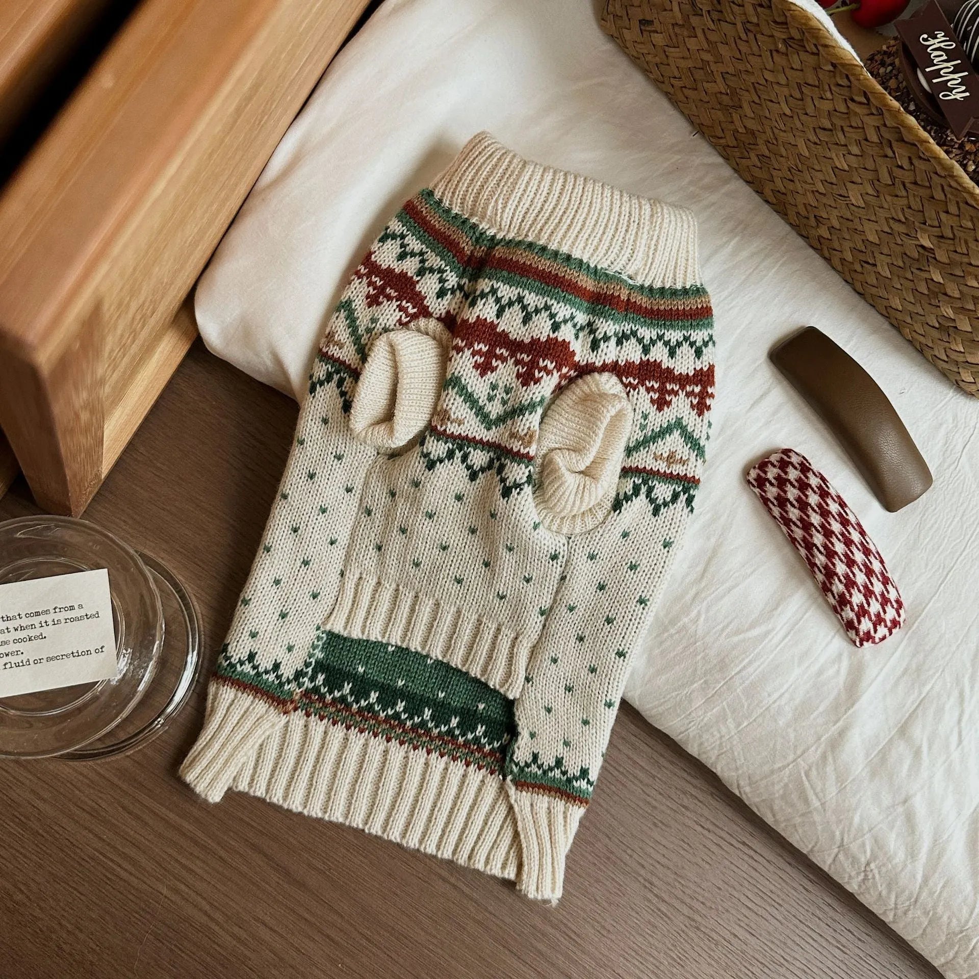 Fairisland beige dog sweater with green dots in five sizes for small to medium pets
