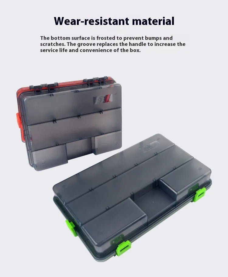 Blue waterproof PP fishing lure storage box with dimensions 275mm long by 180mm wide by 50mm deep.