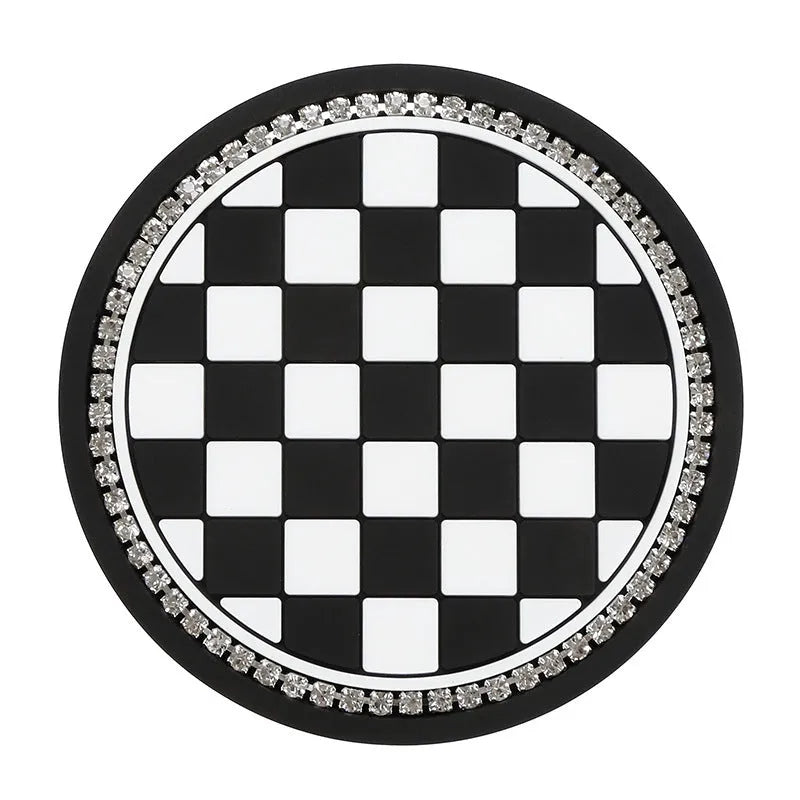 Plastic car cup holder mat with non-slip base in checkerboard pattern for interior protection