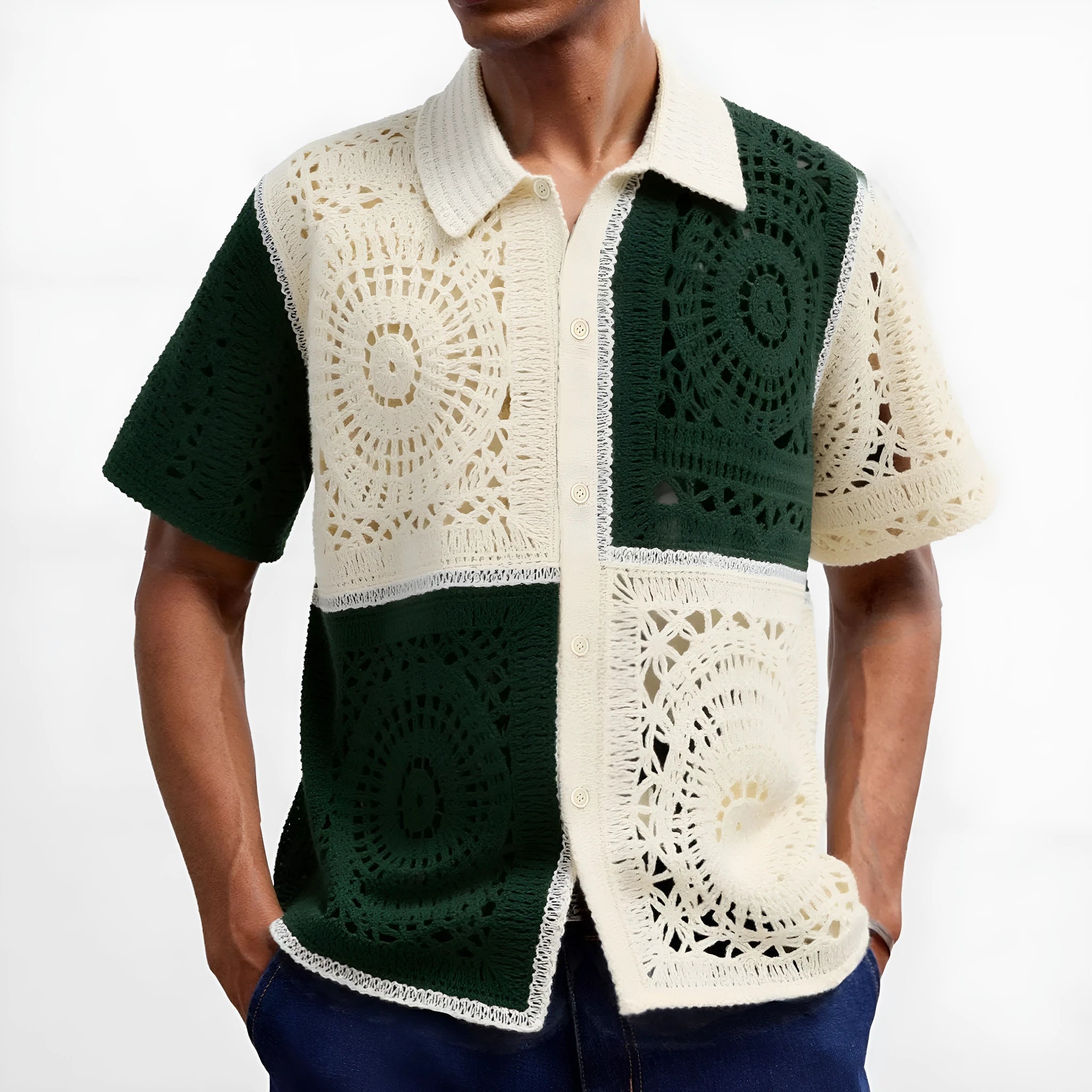 Beige colourblock men's short sleeve knit shirt with flocking pattern and regular fit