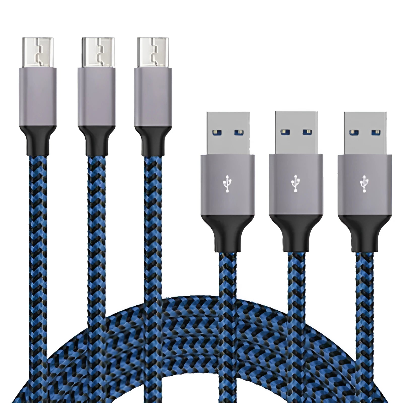 Braided Micro USB charging cable in black and white, shown coiled.