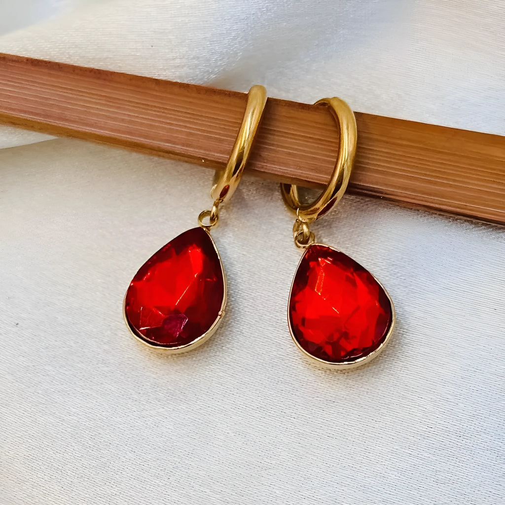Hand-carved glass water drop earrings with geometric Saturn pendant in copper tone with colourful glass options