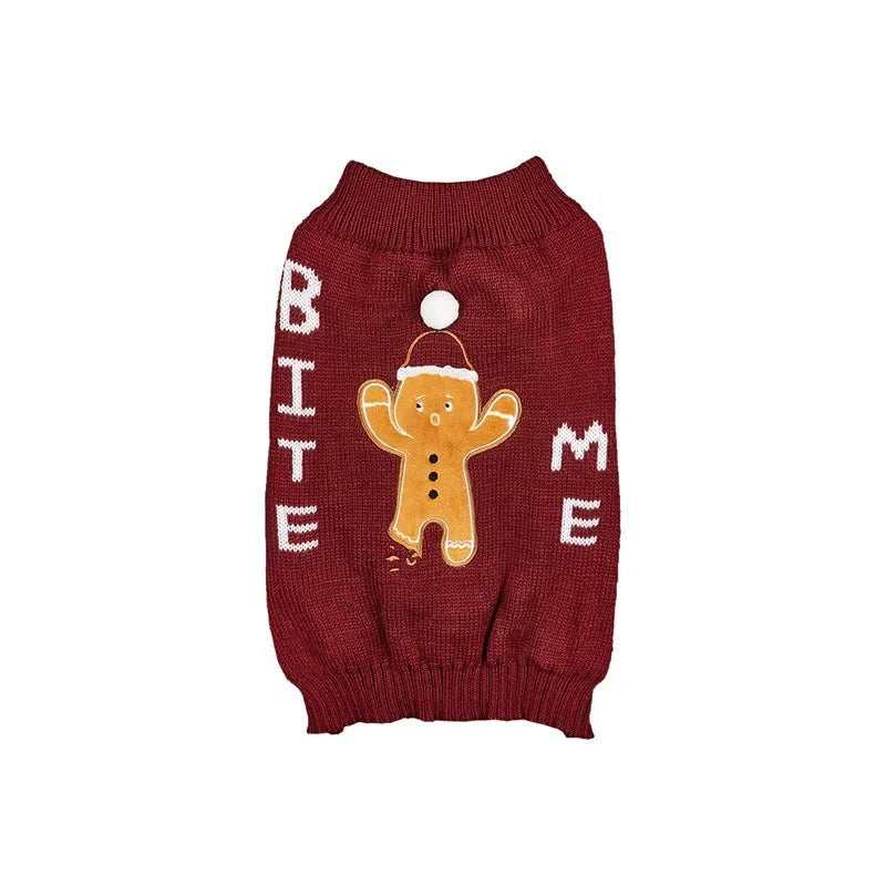 Pet dog wearing acrylic knit Christmas costume with red Santa hat and white snowflake pattern on a white background