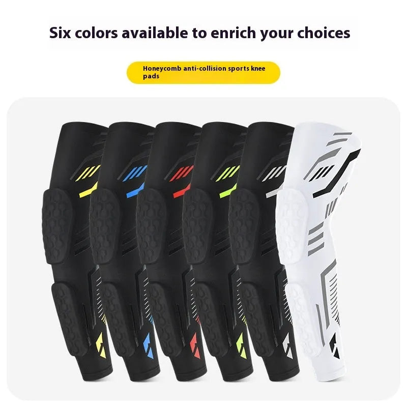 Breathable long training elbow pad for basketball, black and blue design with extended forearm coverage