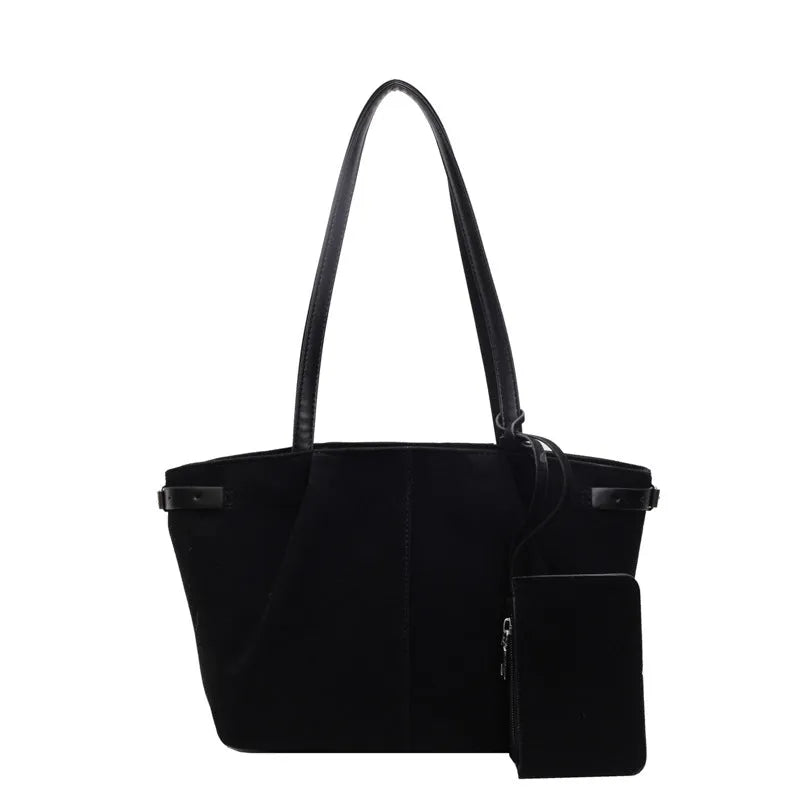 Suede casual commute shoulder bag, PU, 36x12x21cm, horizontal square, black brown coffee