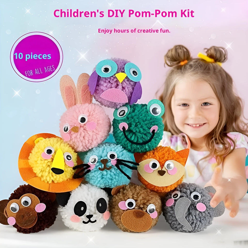 DIY children's educational craft kit with Animal Pom-Pom Set, Glow-in-the-Dark Fluid Stone Set, Surprise Ball Set, Unicorn Rainbow Set, and Wall Hanging Decoration Set