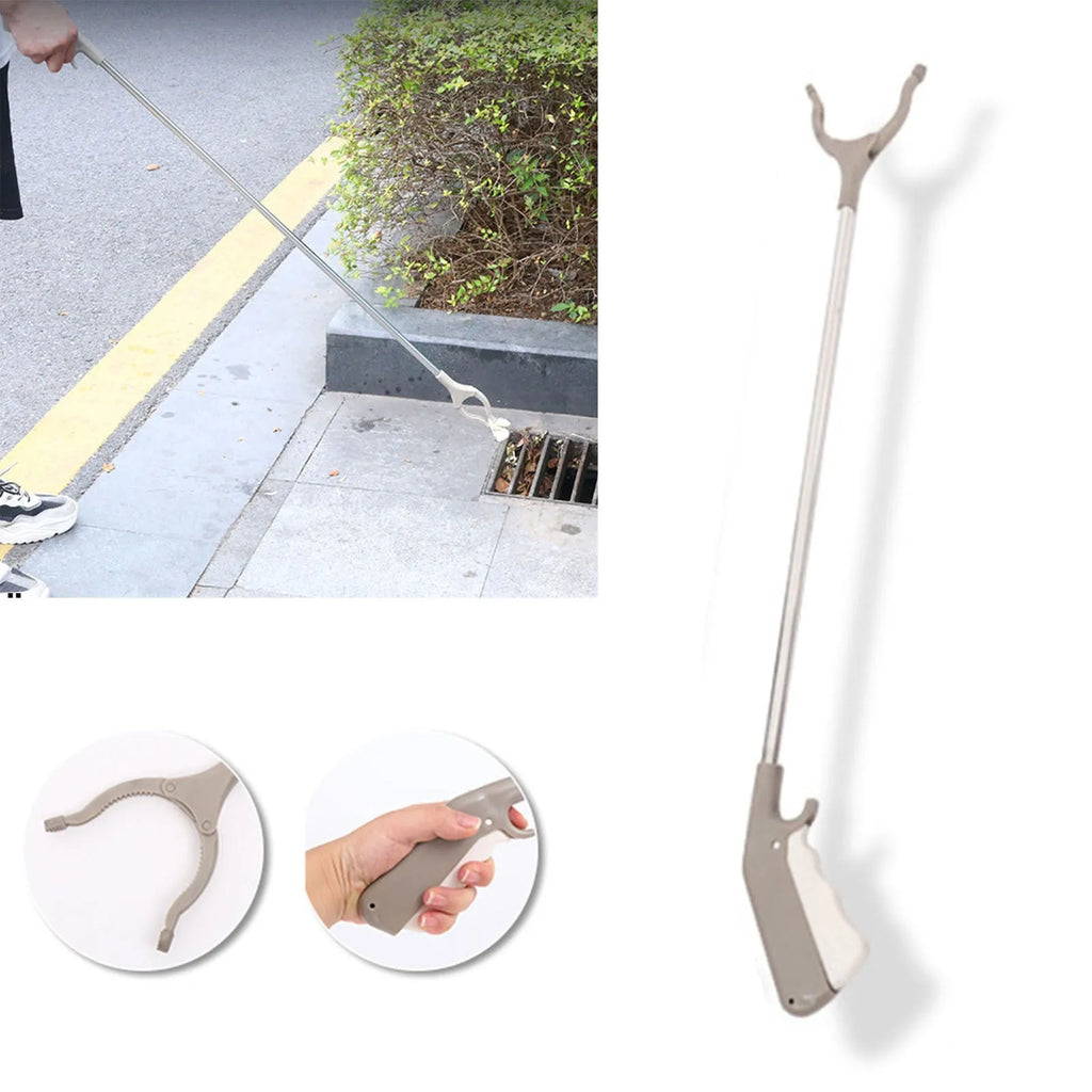 Stainless steel lengthened-handle garbage picker pliers with a push-type handle.