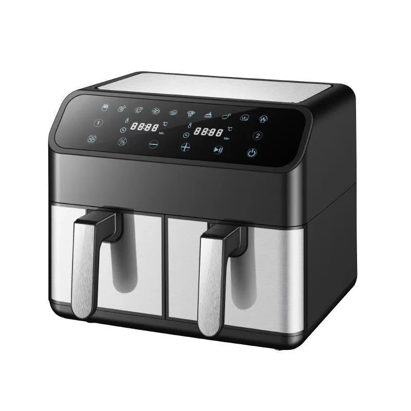 Stainless steel 8L double pot air fryer with UK plug, black controls and non-stick baskets on a kitchen counter