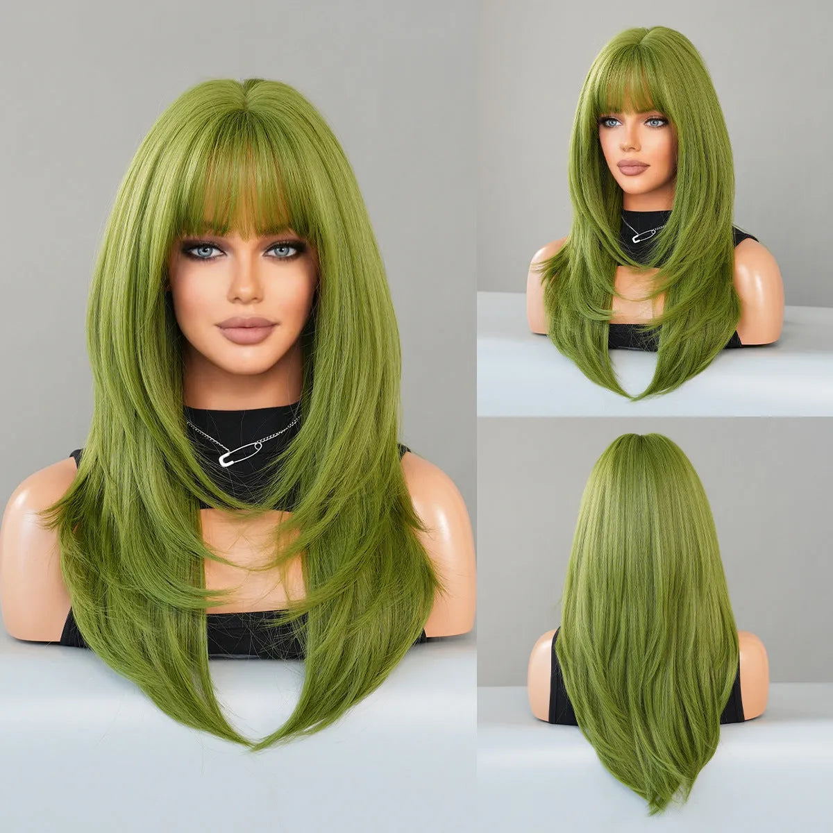 Vanilla green straight women's wig measuring 63cm long with bangs