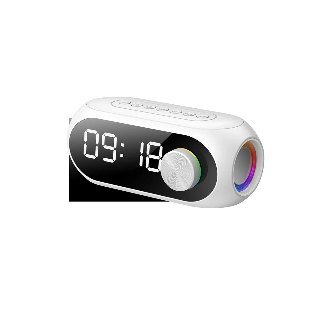 S8 Black extra bass portable mini bluetooth speaker with digital clock display on front.