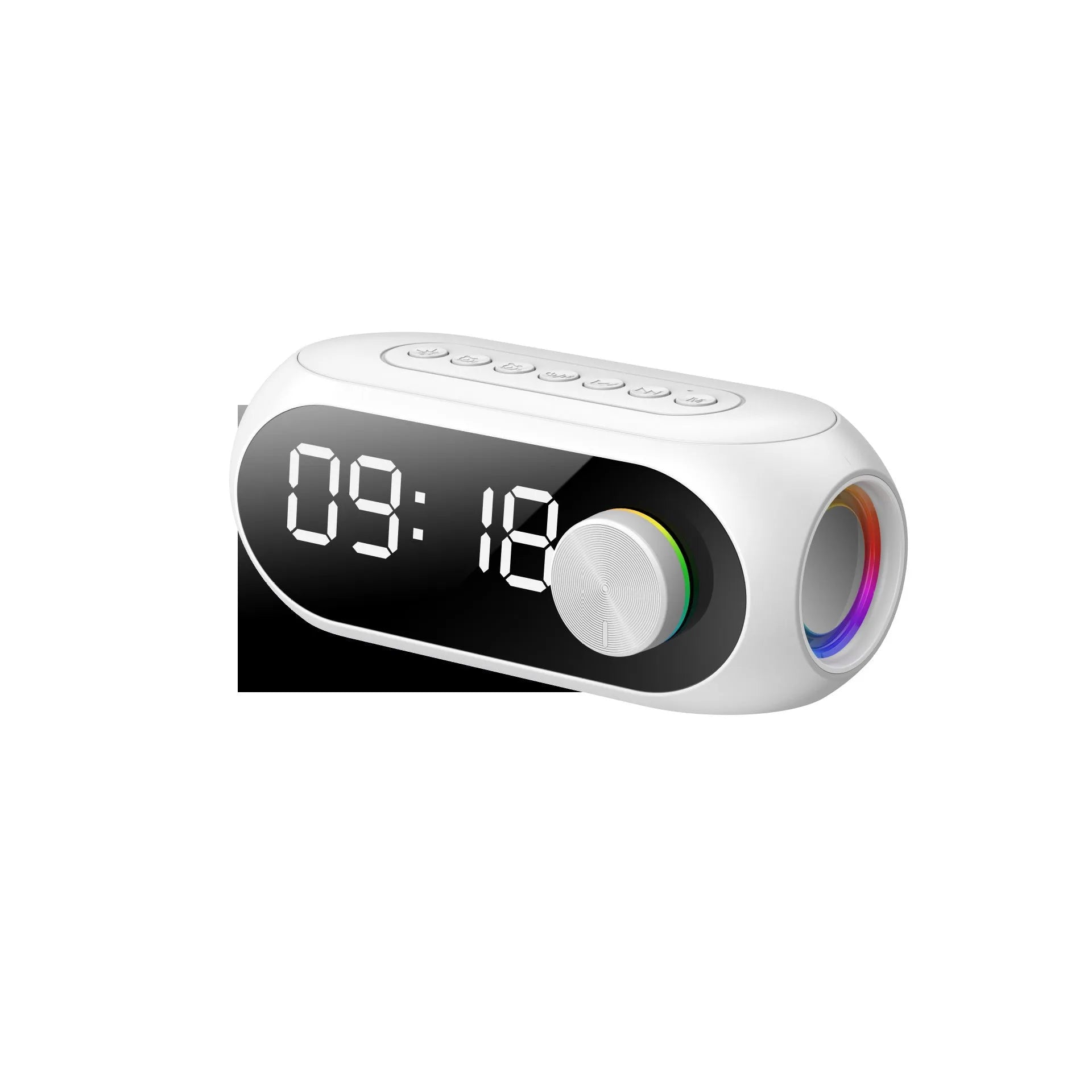 S8 Black extra bass portable mini bluetooth speaker with digital clock display on front.