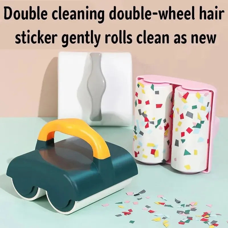Green pet hair removal roller with handle and double rollers on a white background