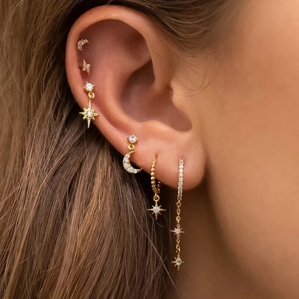 XINGX gold chain tassel earrings set of six with zircon stud accents on copper material