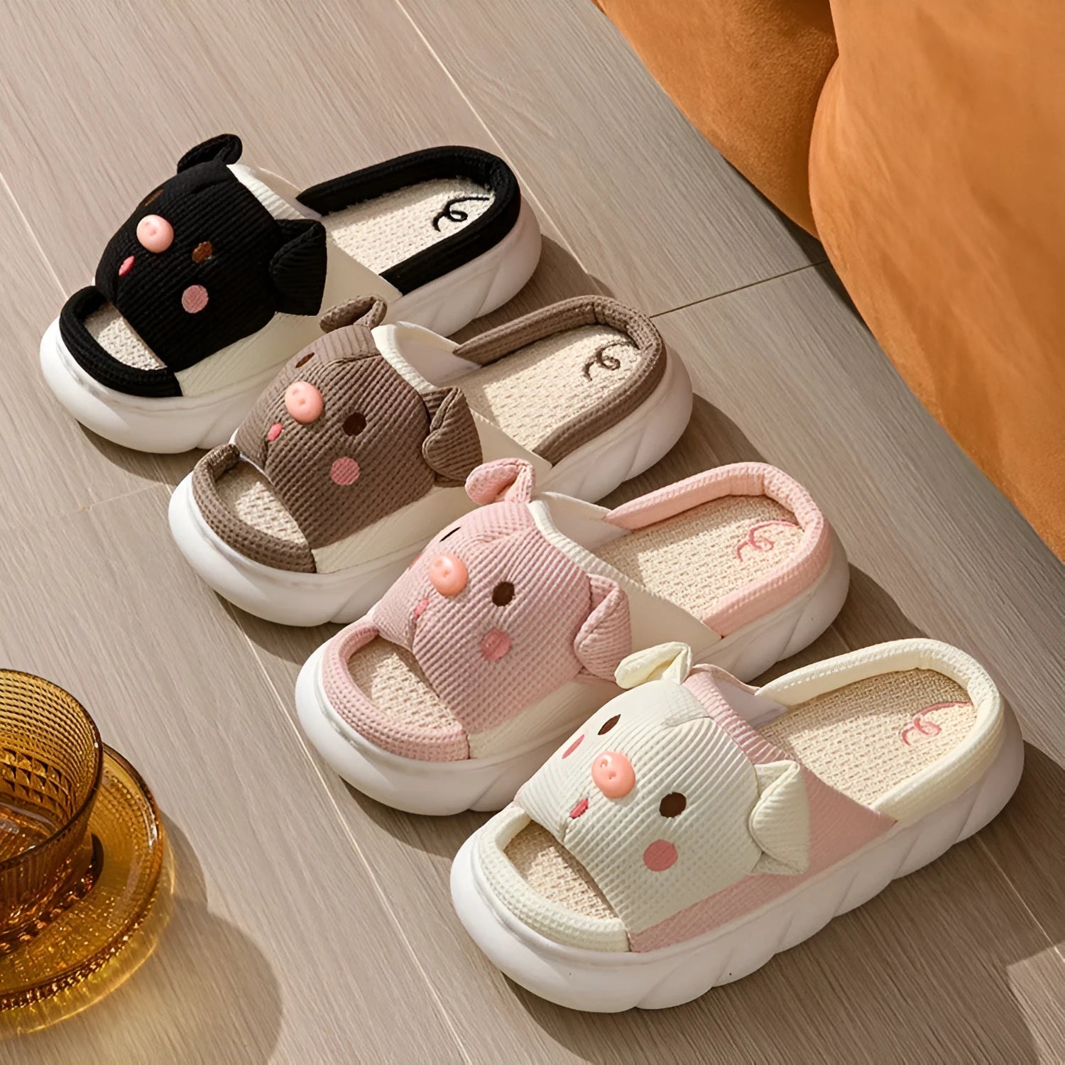 Open toe linen flip flop slippers for couples in four colours with PVC soles