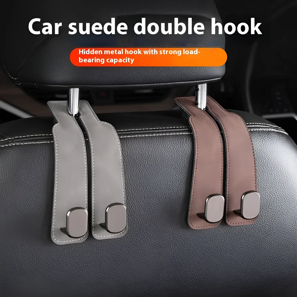 Multifunctional suede car seat back double hook in black with two hanging points for bags and accessories