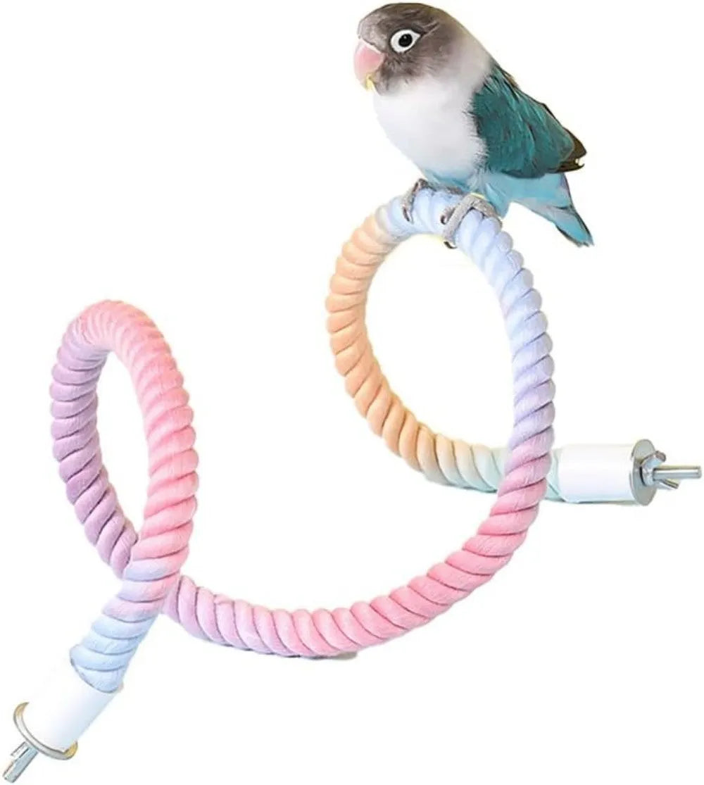 Gradient colourful bird rope perch set with U-shaped perch, long rope, and circular swing for cockatiels and parakeets