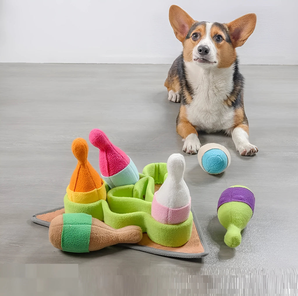 Pet Puzzle Play bowling toy set with sound, made from polar fleece, measuring 34.5 x 34.5 x 18 cm