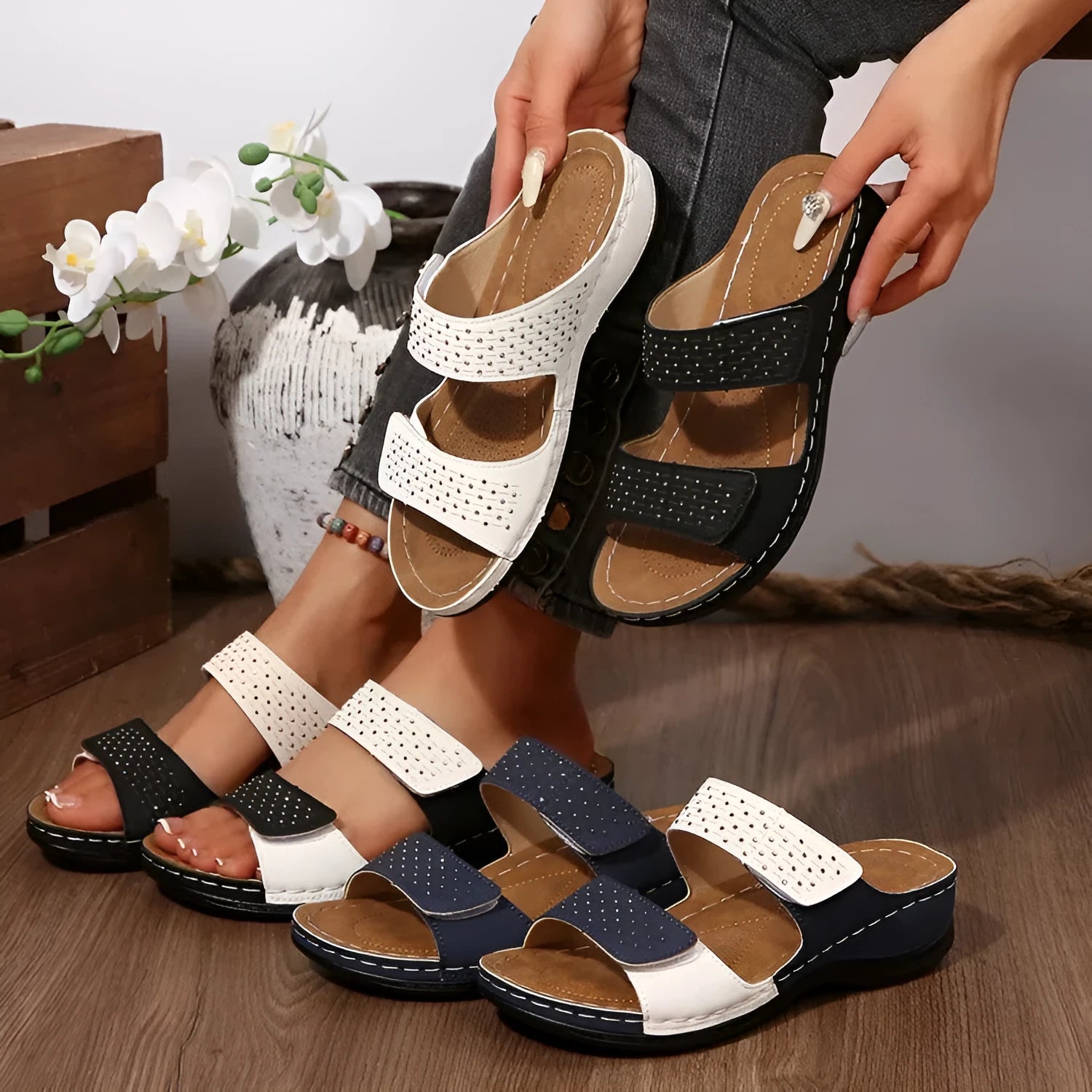 Women's plus-size hollowed-out wedge sandals in synthetic PU with open toe