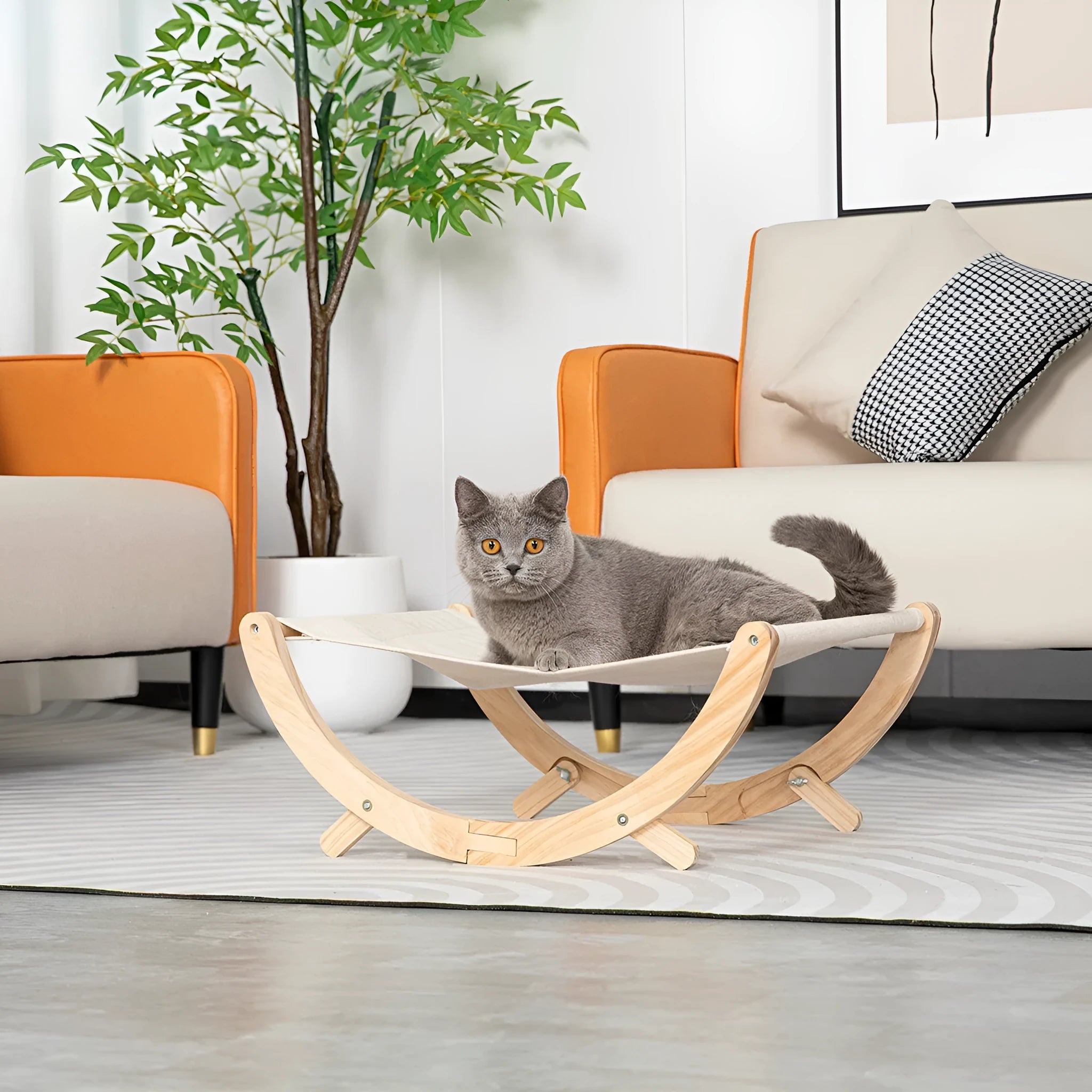 Solid wood foldable cat shaker bed hammock with canvas and plush surfaces