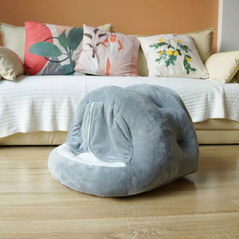 Short plush Mongolian pet bag cat kennel with door curtain in gray or pink, semi-closed indoor design