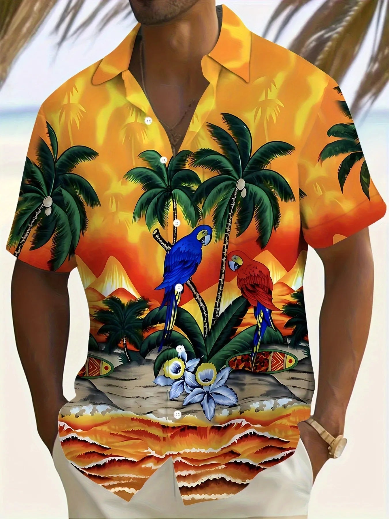 Men's floral pattern short sleeve shirt in loose cardigan style with elastic polyester fabric