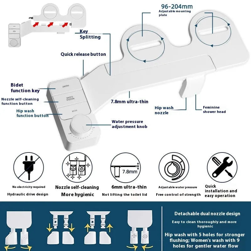 Pure white KB06 manual button wash toilet cleaning tool with ABS body, copper tee, and braided hose.